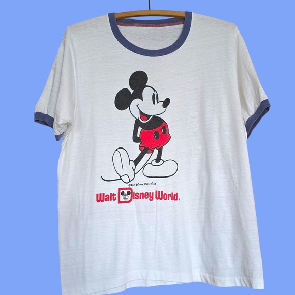 Vintage 70s Walt Disney World Ringer T-Shirt Mickey Mouse Single Stitch White...